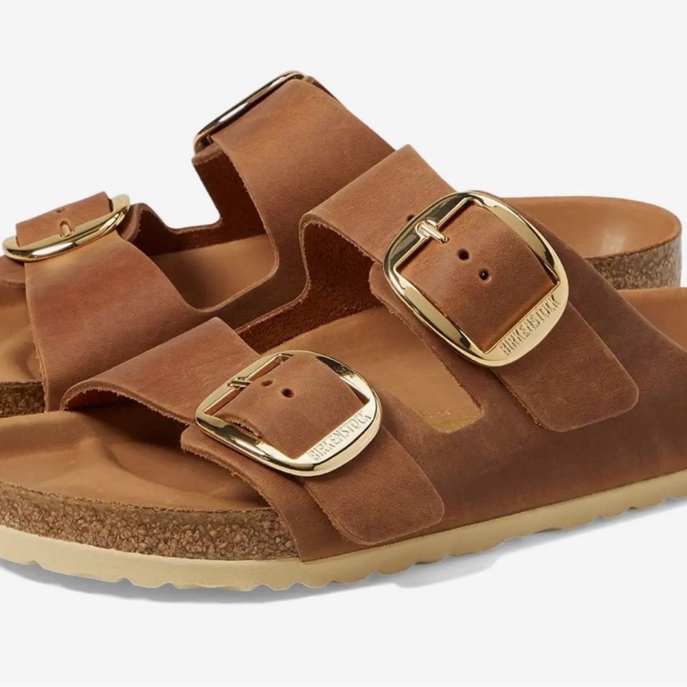 Birkenstock Cognac Sandals with Gold Buckles